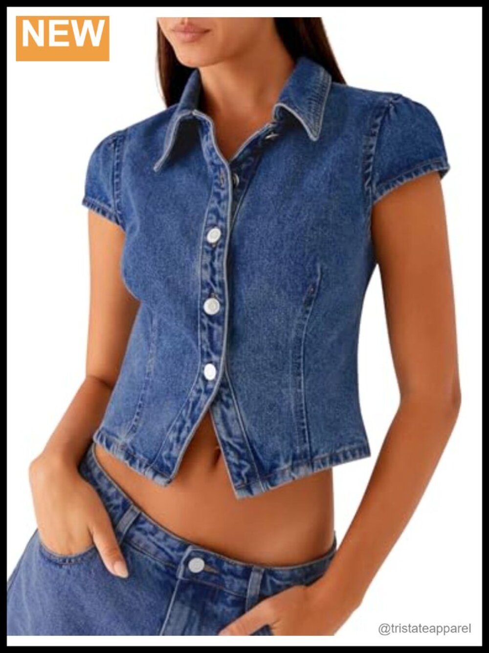 Women's Cropped Denim Shirt Button Down Short Sleeve Puff Sleeve Top